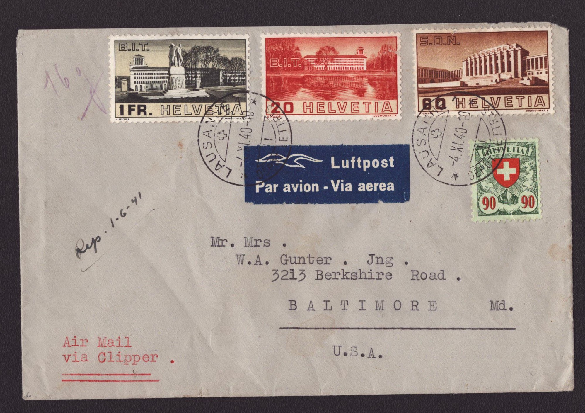 Enveloppe destination BALTIMORE USA 4.XI.40