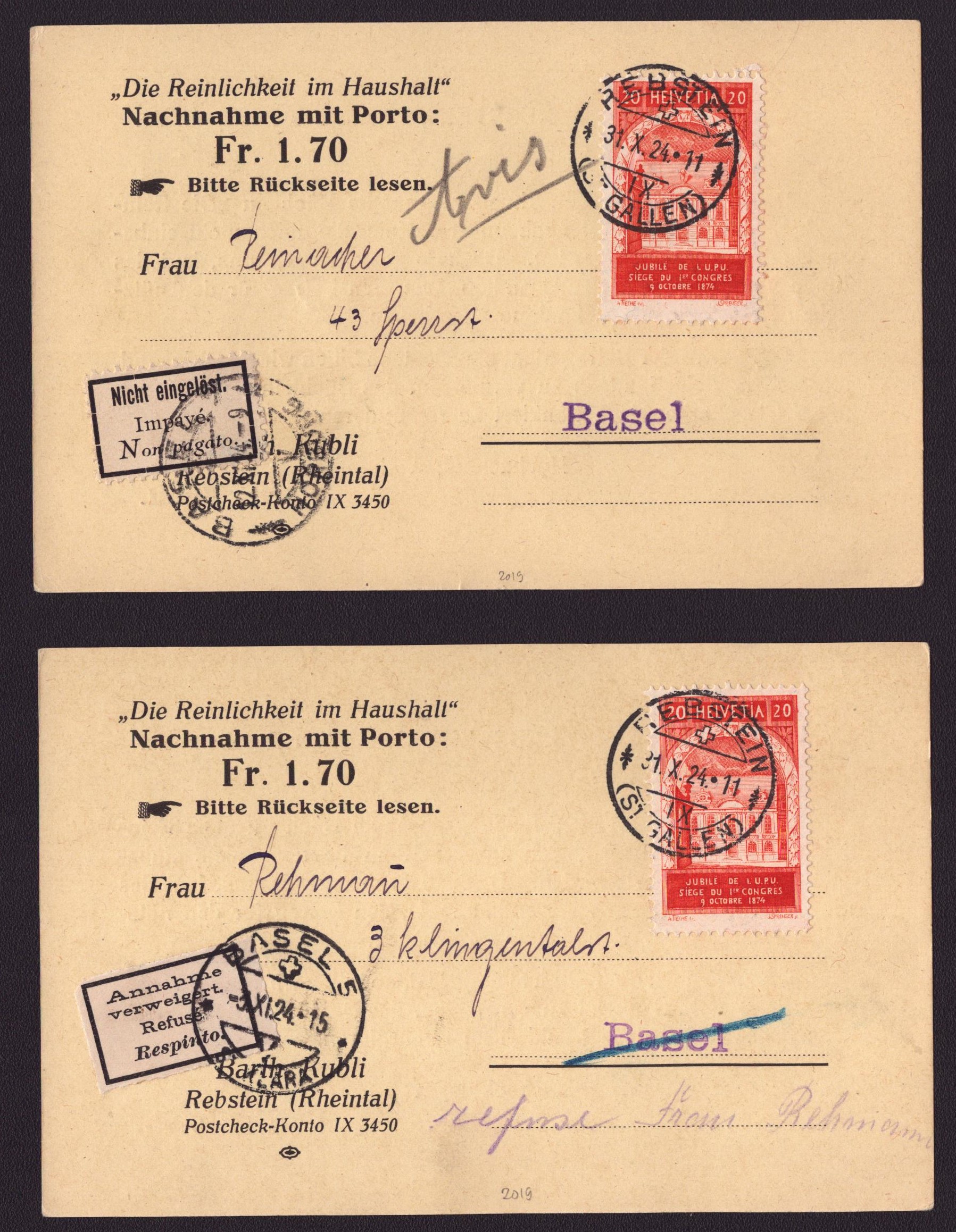 1924 UPU 20ct 2x Remboursement (Nachnahme)