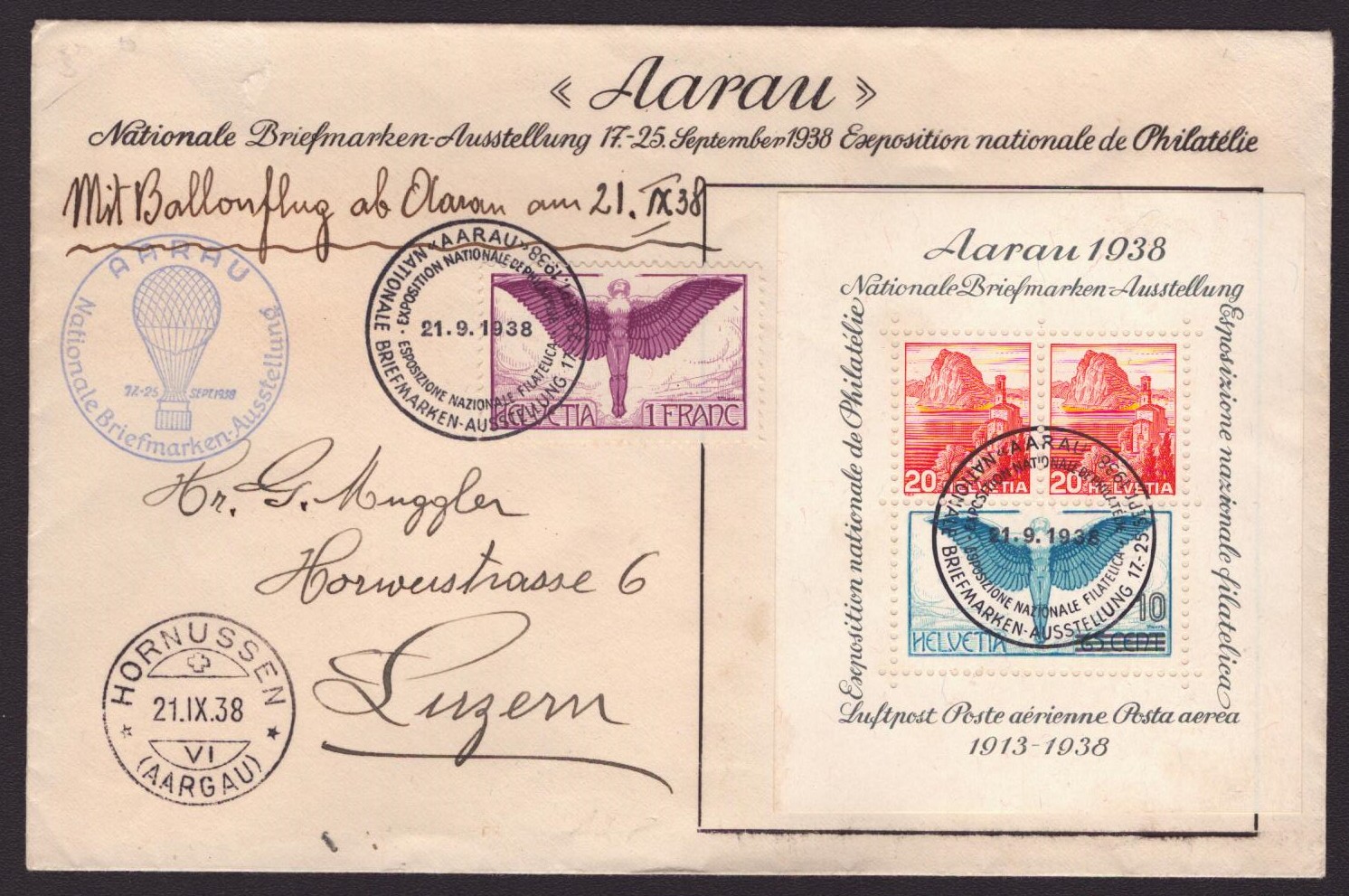 Bloc Aarau 1938 sur enveloppe officiel