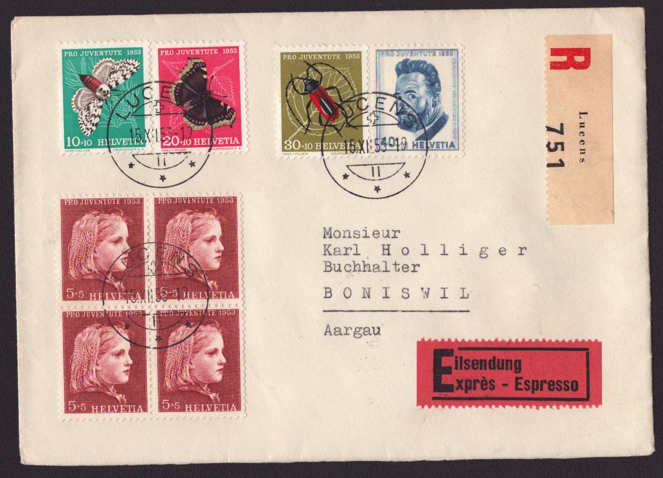 1953 Pro Juventute Série sur enveloppe EXPRES oblit. LUCENS