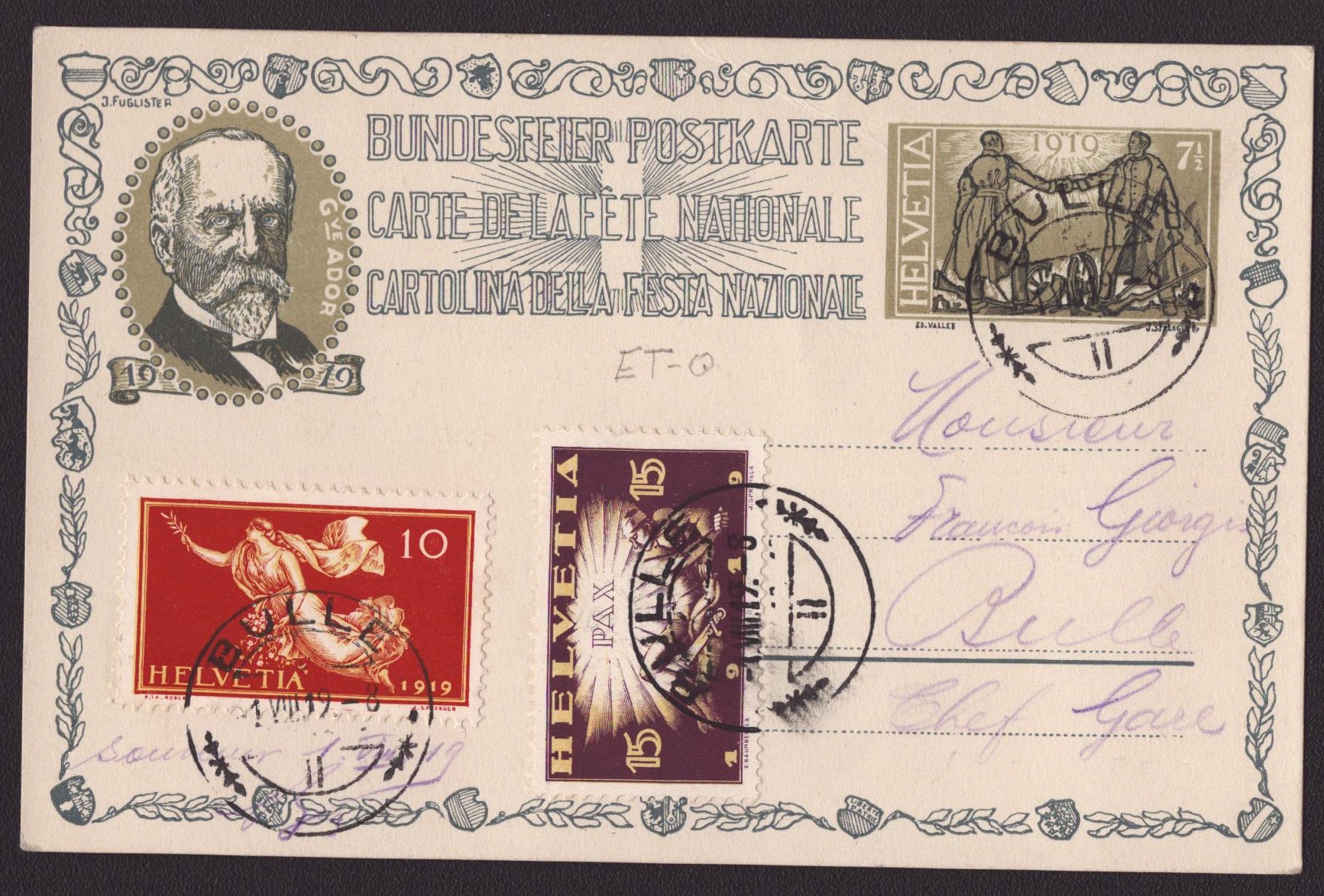Nr 144 + 145 Oblit. ET 1.VIII.19 sur carte