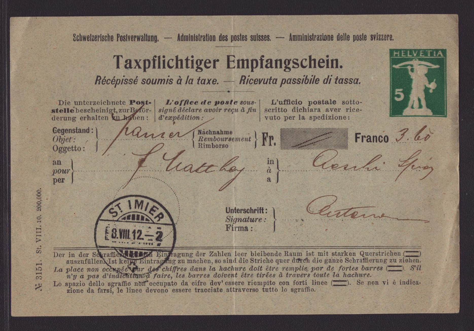 1912 Récépissé 5ct oblit ST IMIER