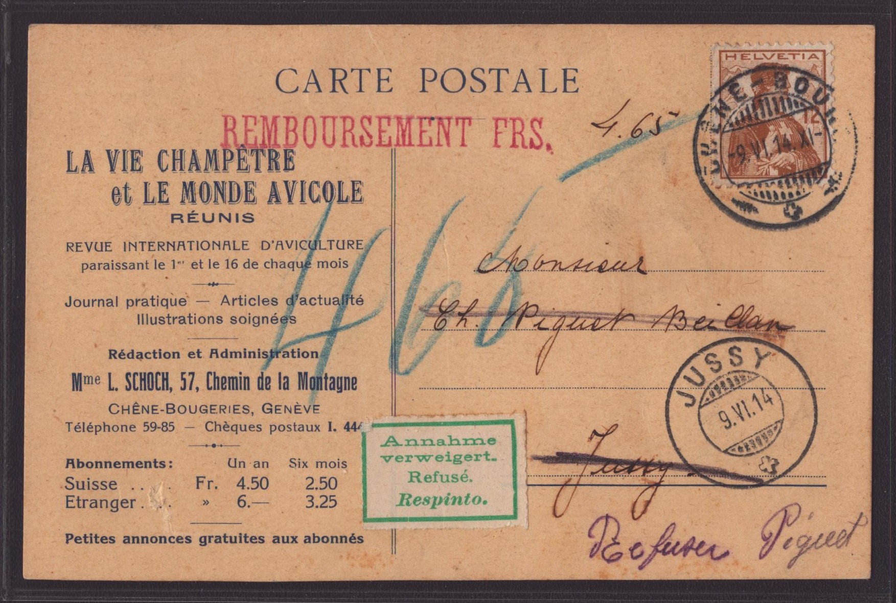 Nr 121 sur carte postale de remboursement (JUSSY)