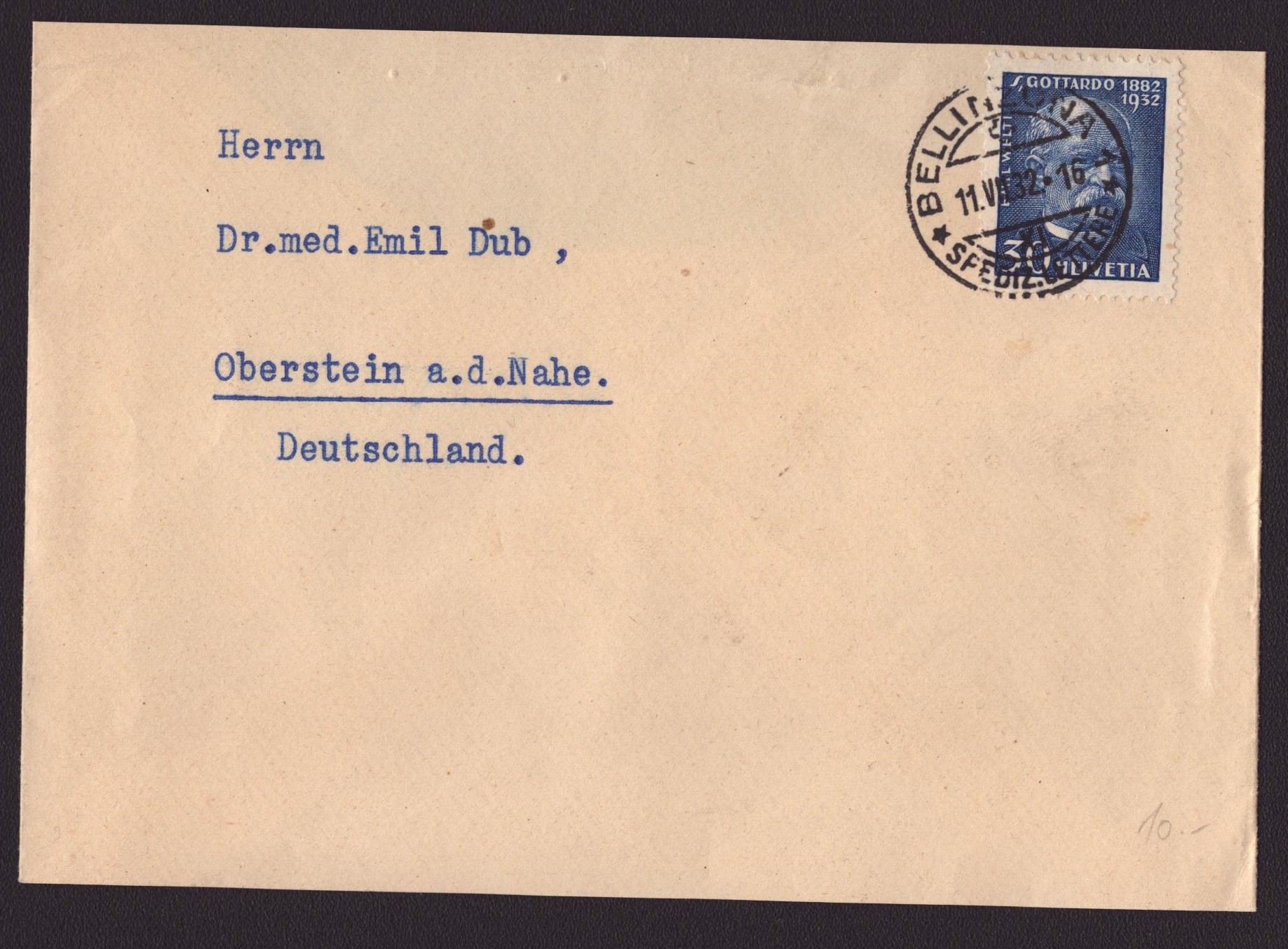 1932 Nr 193 sur enveloppe BELLINZONA