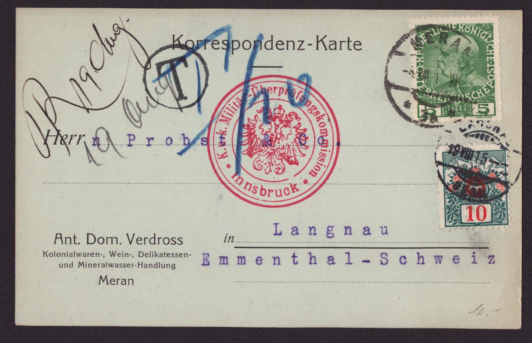 Carte allemande à dest. de Langnau