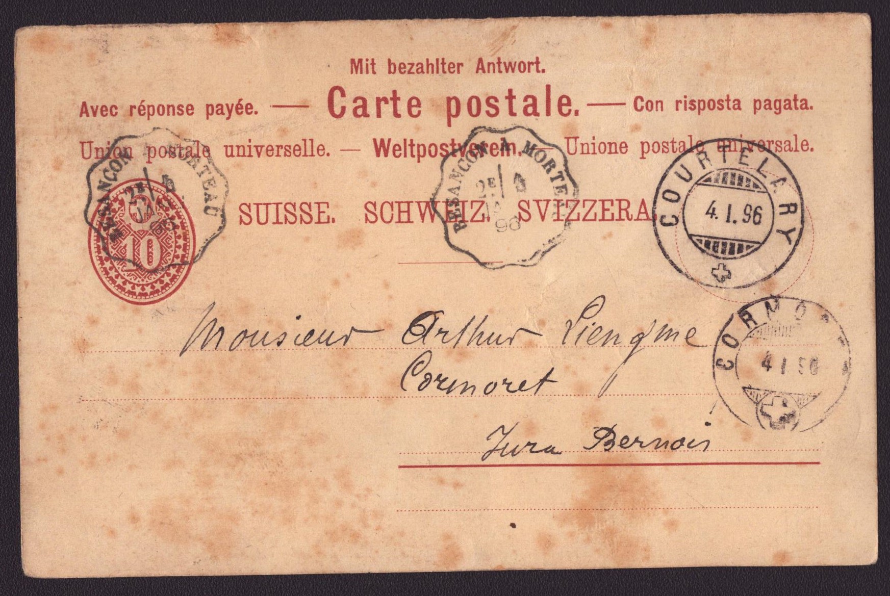 1896 Carte postale MORTEAU - COURTELARY - CORMORET