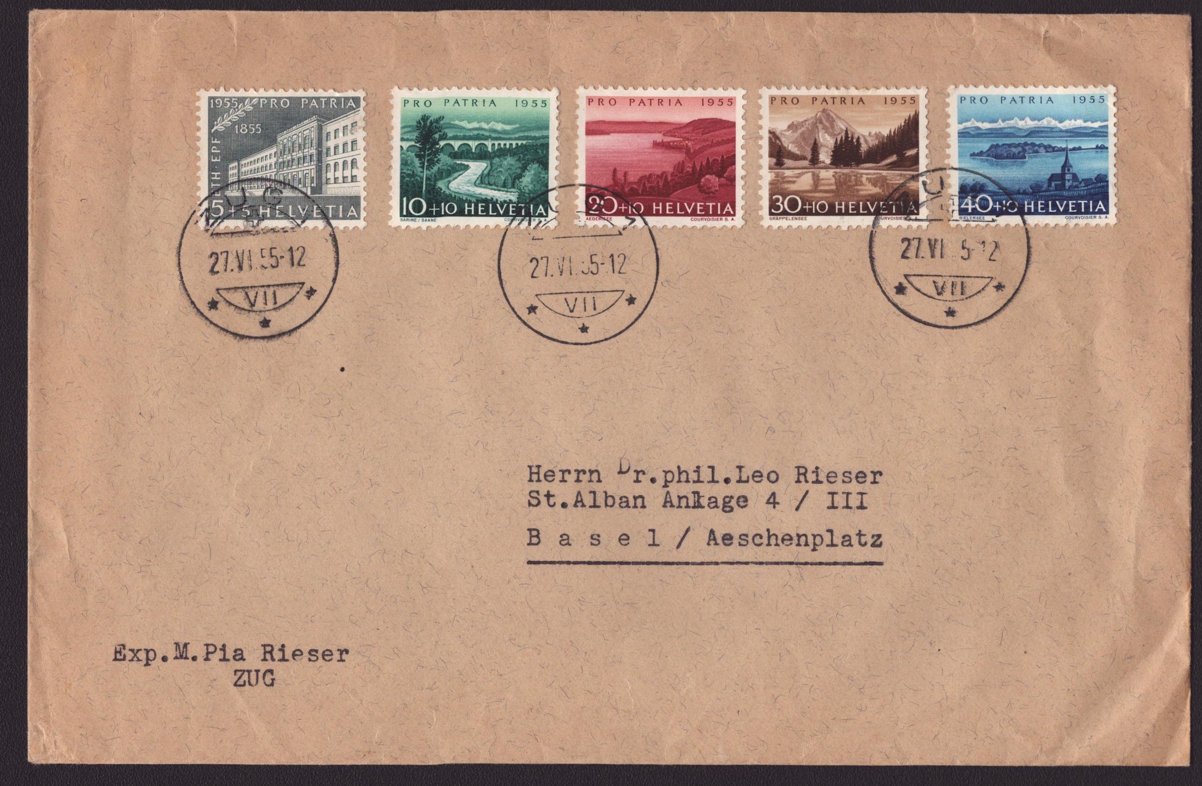 1955 Série sur enveloppe obl. ZUG 1