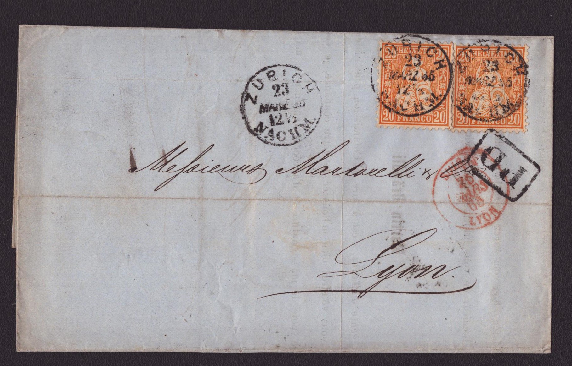 Lettre pliée de Zurich à destination de Lyon
