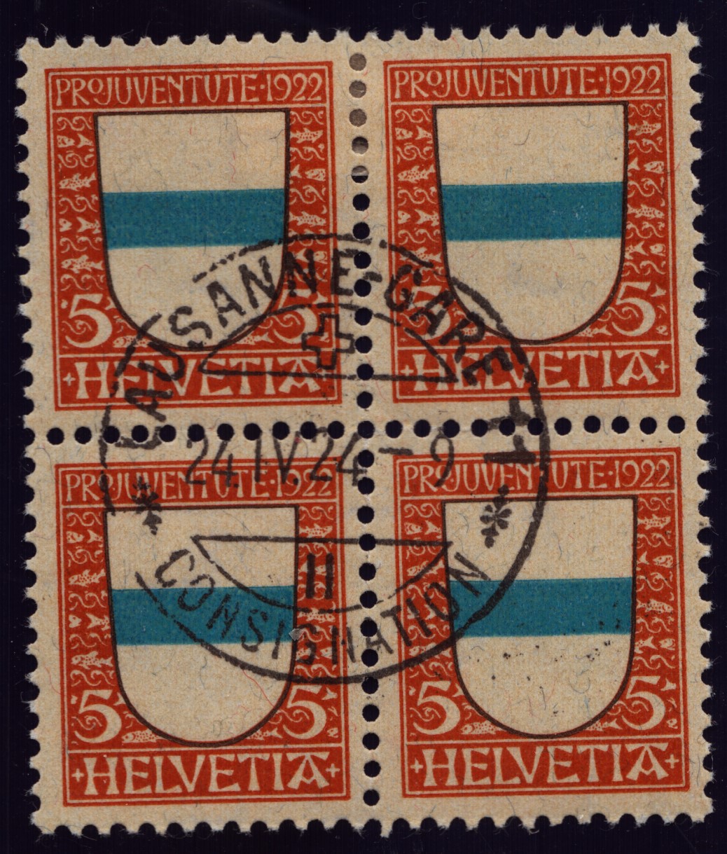 1922 J21 bloc de 4 oblit. LAUSANNE-GARE