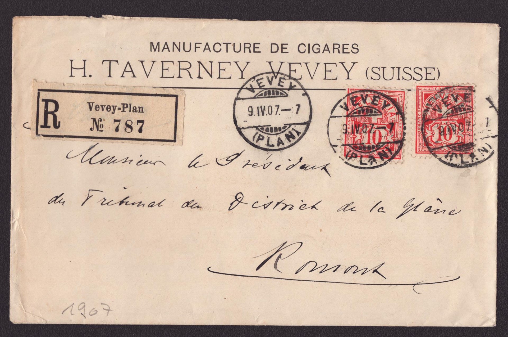 1907 Courrier avec publicité (voir au dos)