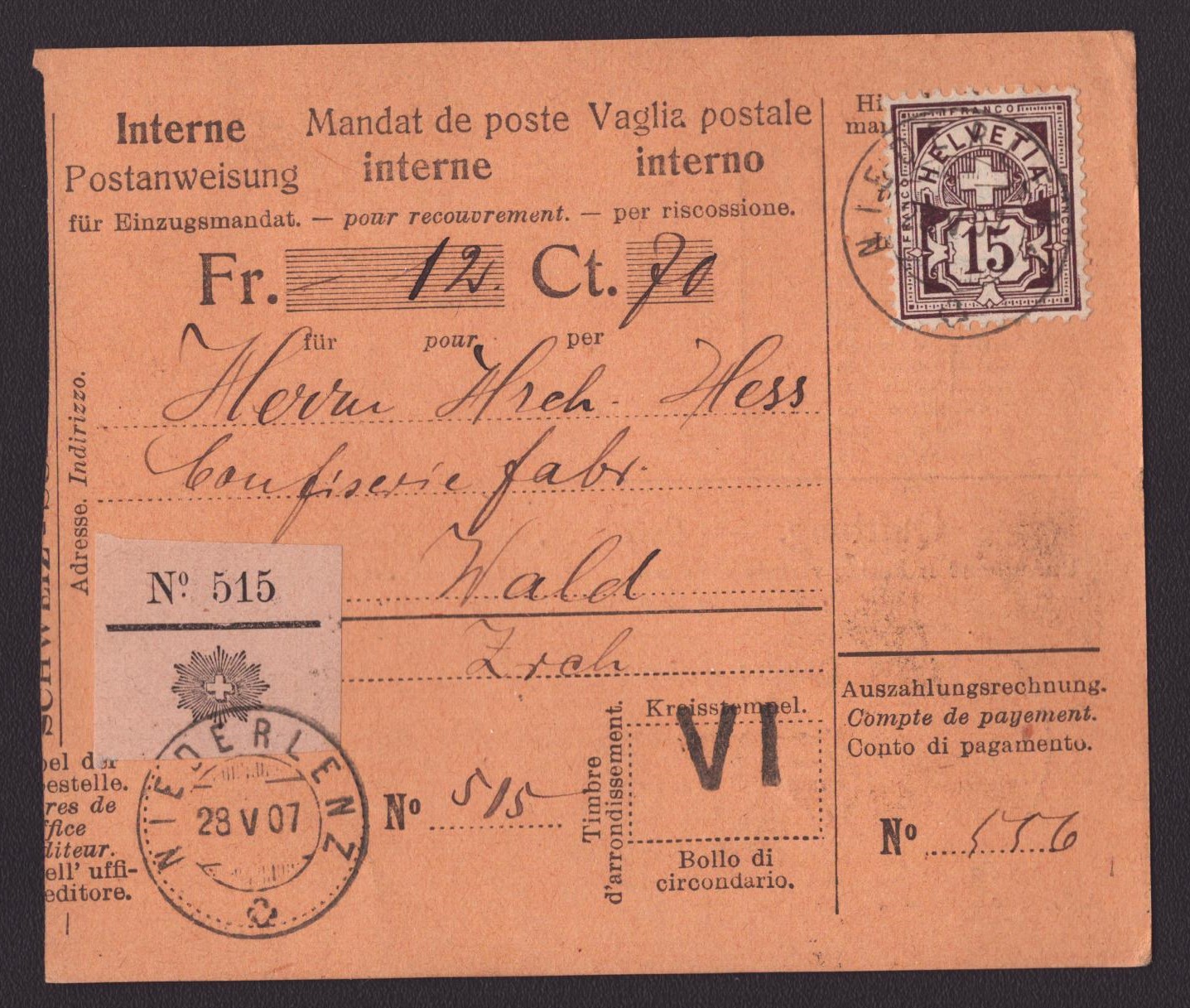 Nr 85 sur mandat NIEDERLENZ (120.-)