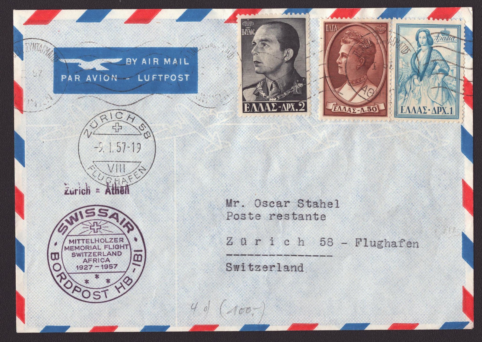 Courrier Swissair BORDPOST (100.-)