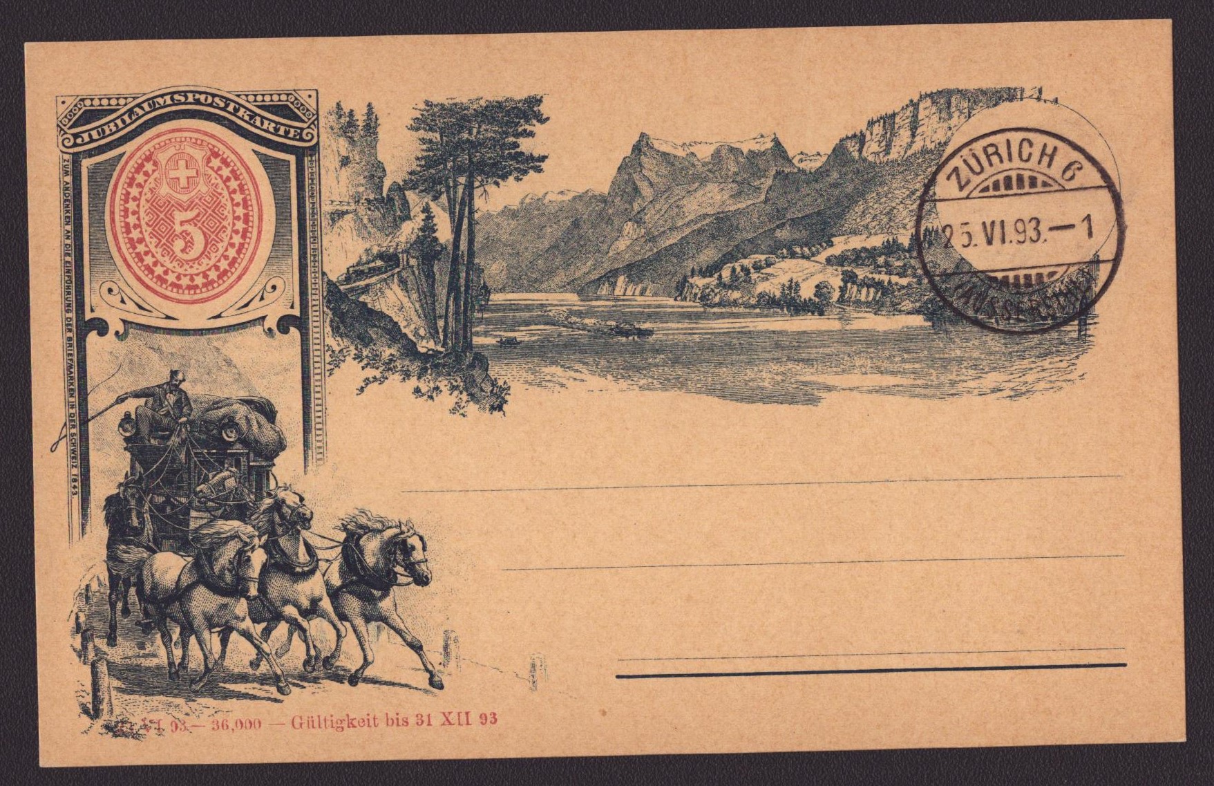 1893 Carte 5ct oblitération ZURICH 6