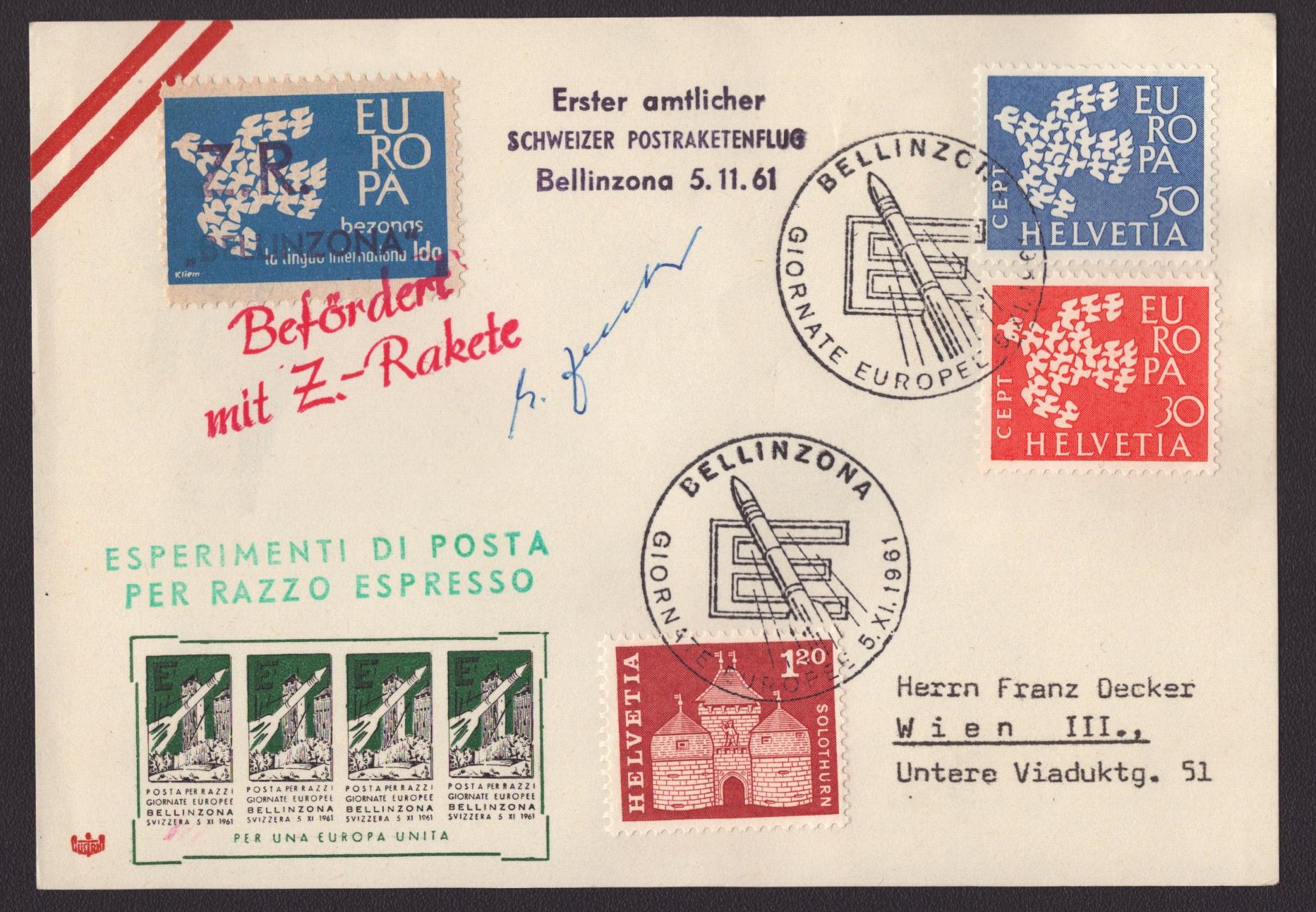 POSTRAKETENFLUG avec timbres Europa
