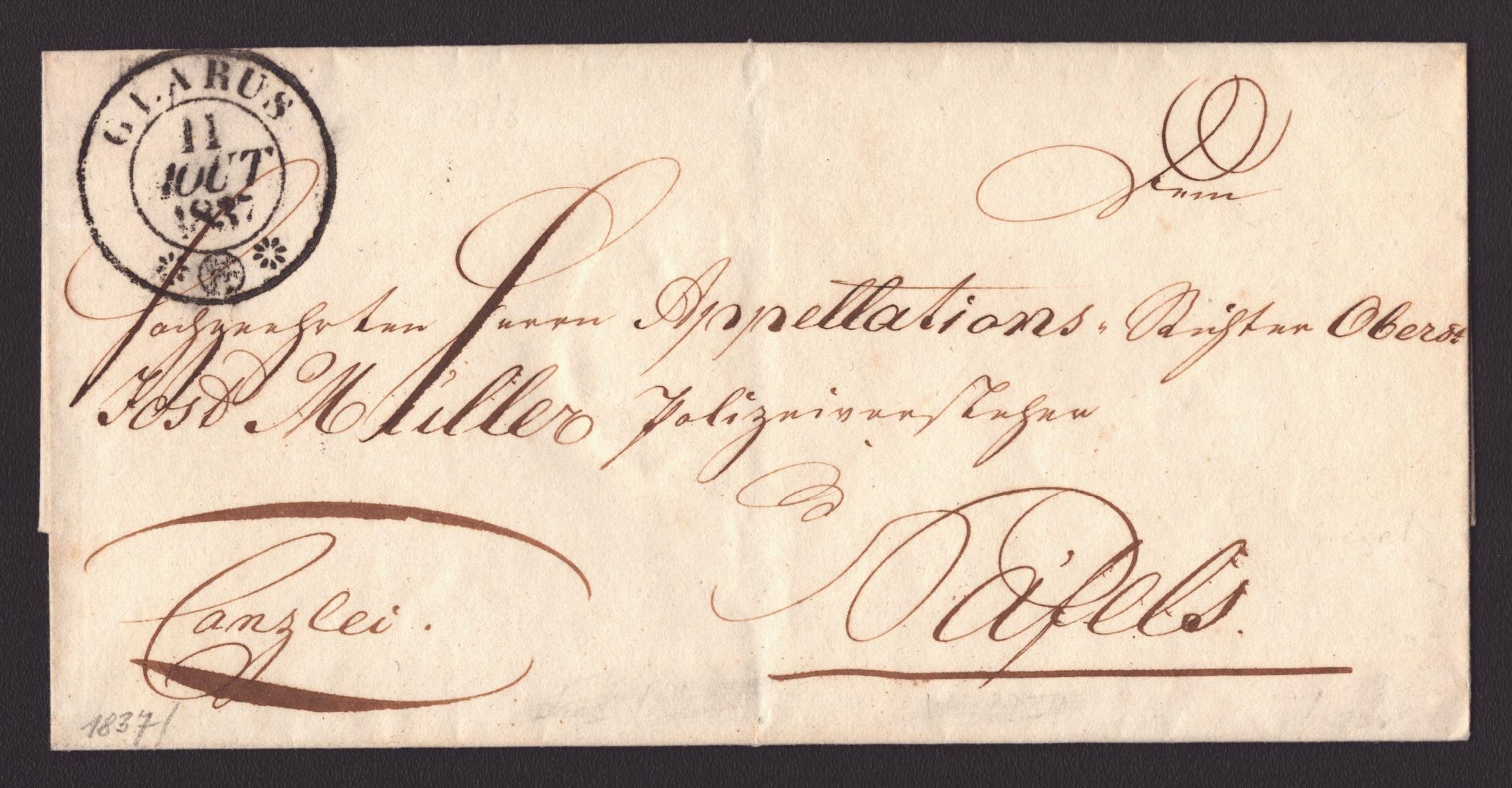 1837 Pli avec oblitération GLARUS (11 AOUT)