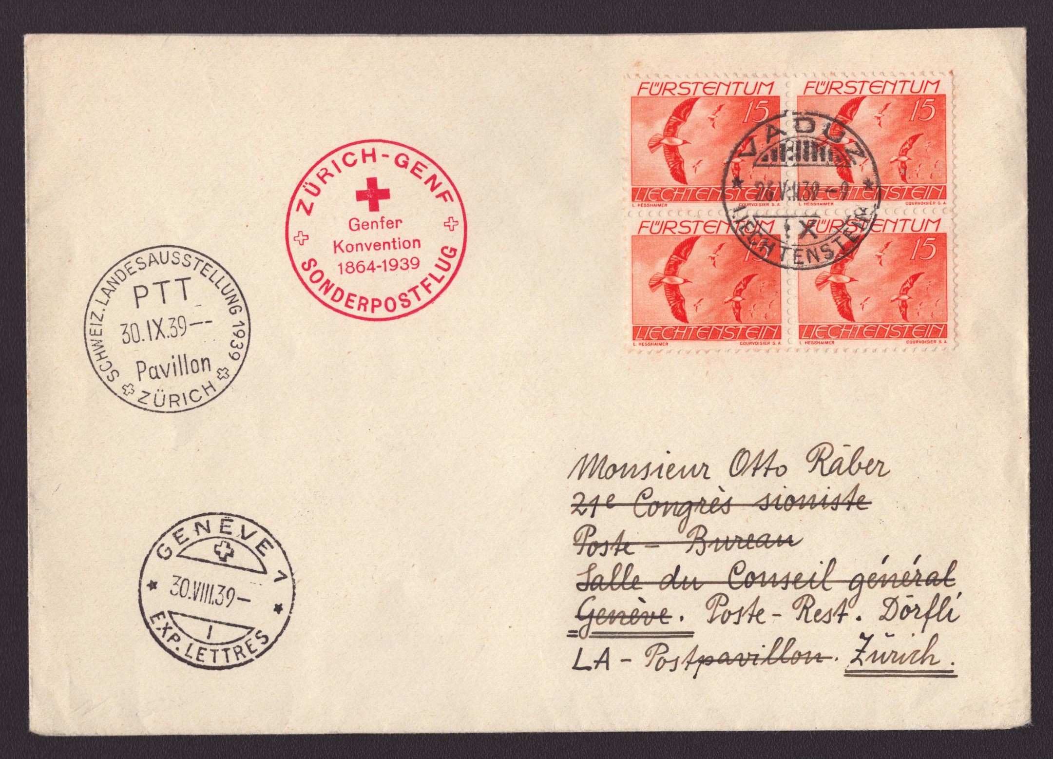 1939 ZURICH - GENEVE oblitération VADUZ
