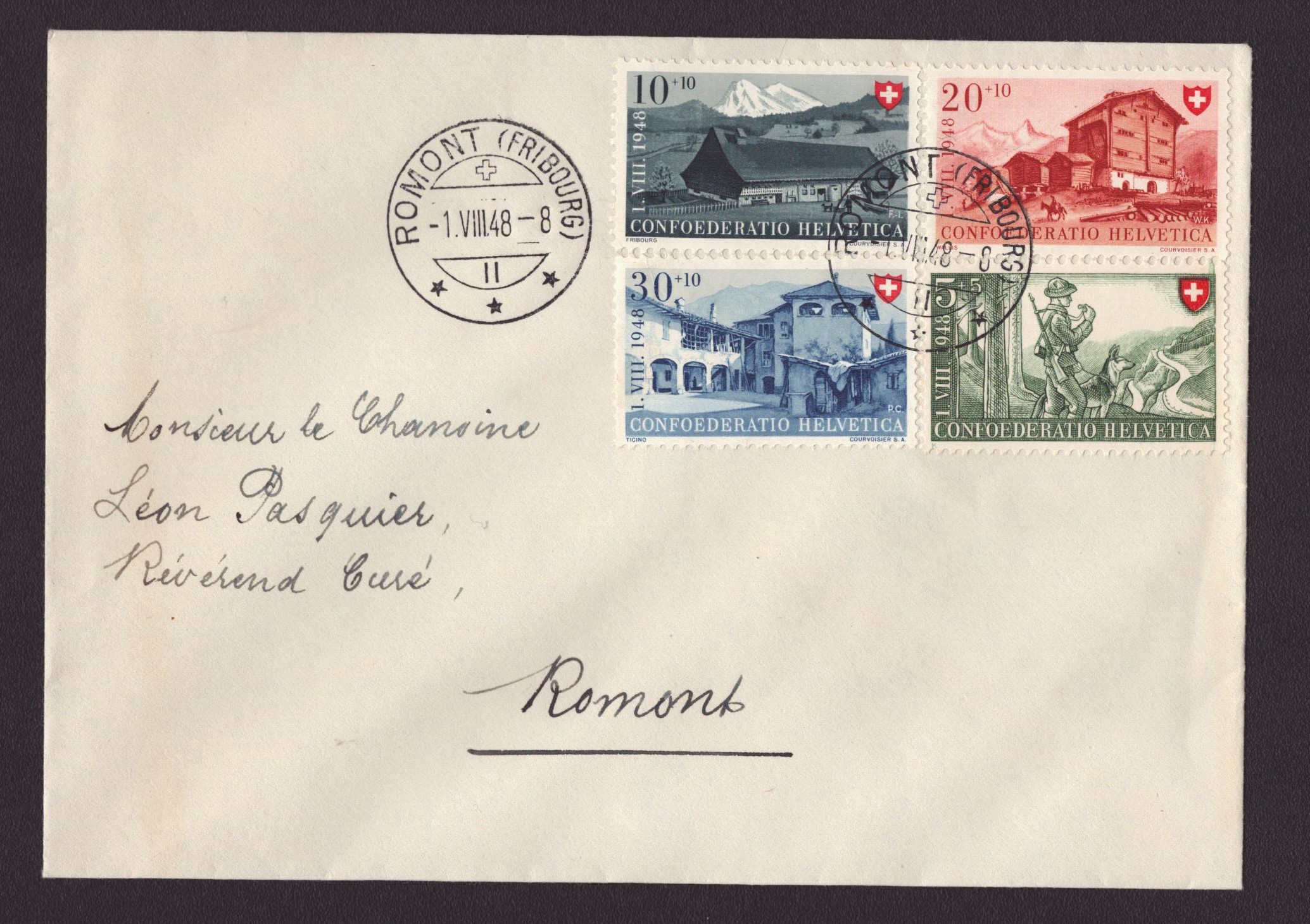 1948 Série sur enveloppe obl. ROMONT 1.VIII.48