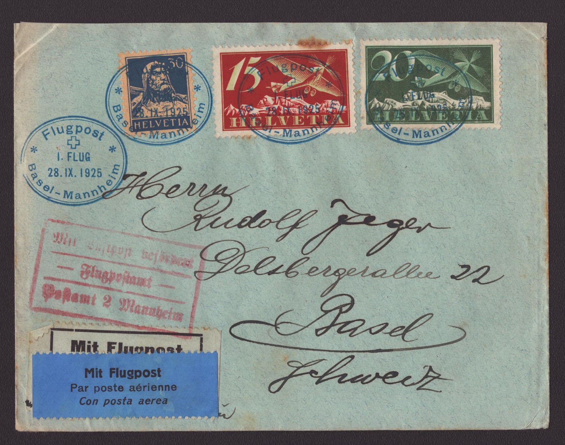1925 Basel - Manheim oblitération bleue