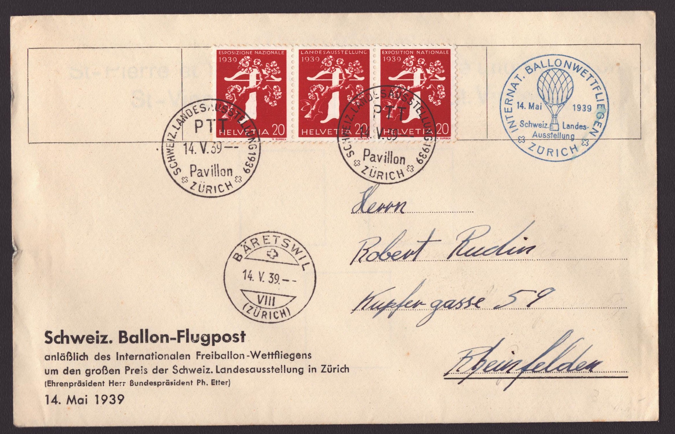 1939 Vol en ballon de l'expo z27c (145.-)